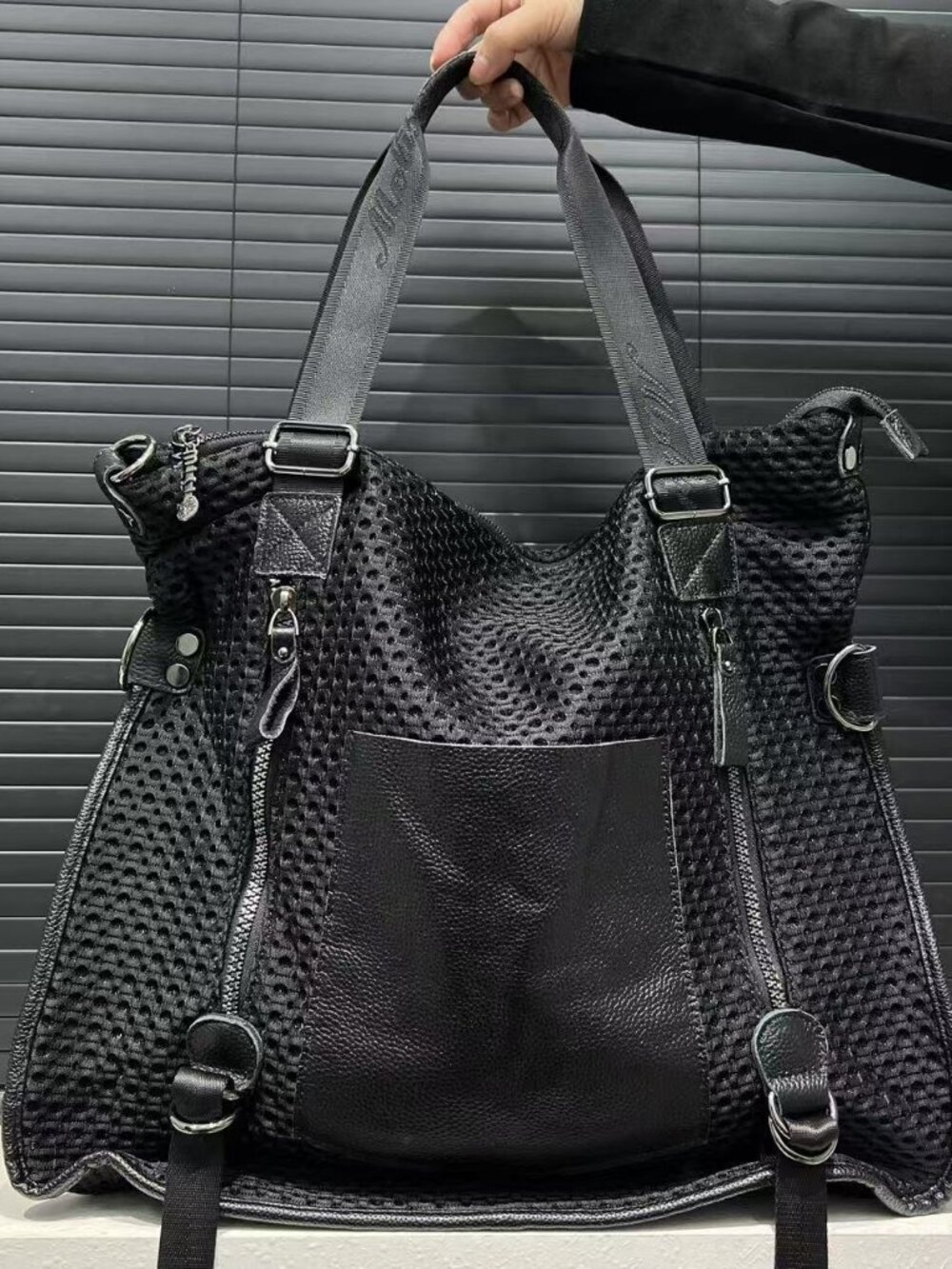 Large Black Mesh Tote Bag: Casual Multi-Pocket Convertible Crossbody Shoulder Ha